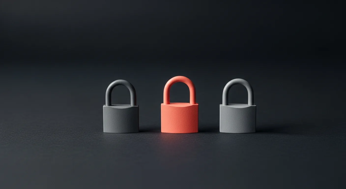 Three minimalist padlocks on a dark background, the central one coral and the others grey.