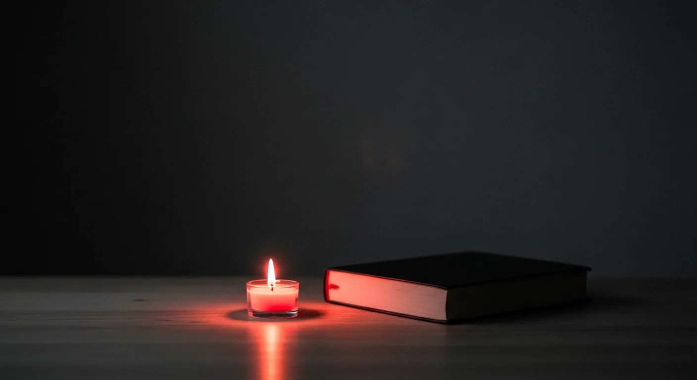 A single lit candle and a closed book on a calm dark table with a warm coral glow.