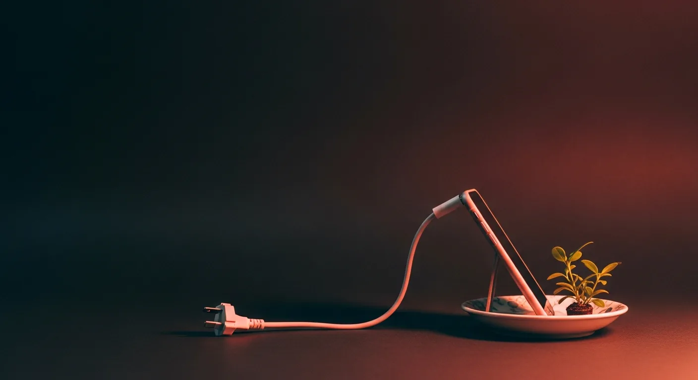 An unplugged charging cable beside a phone set aside in a dish with a small plant, lit by faint coral light.