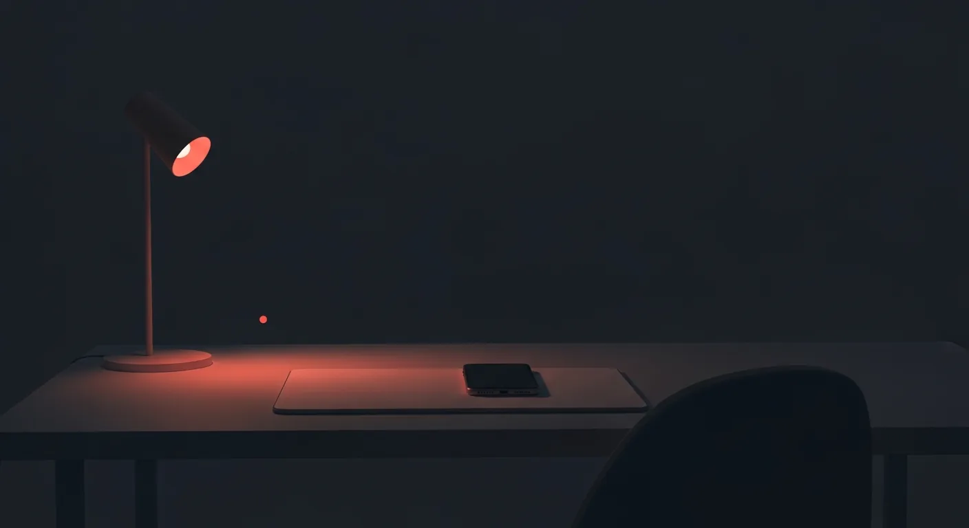 A tidy dark desk lit by a coral lamp, with a phone placed out of reach.