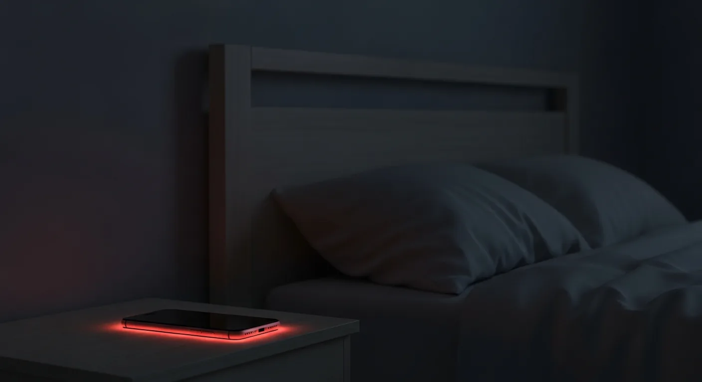 A phone lying face down on a bedside table, casting a faint coral glow in a dark bedroom.