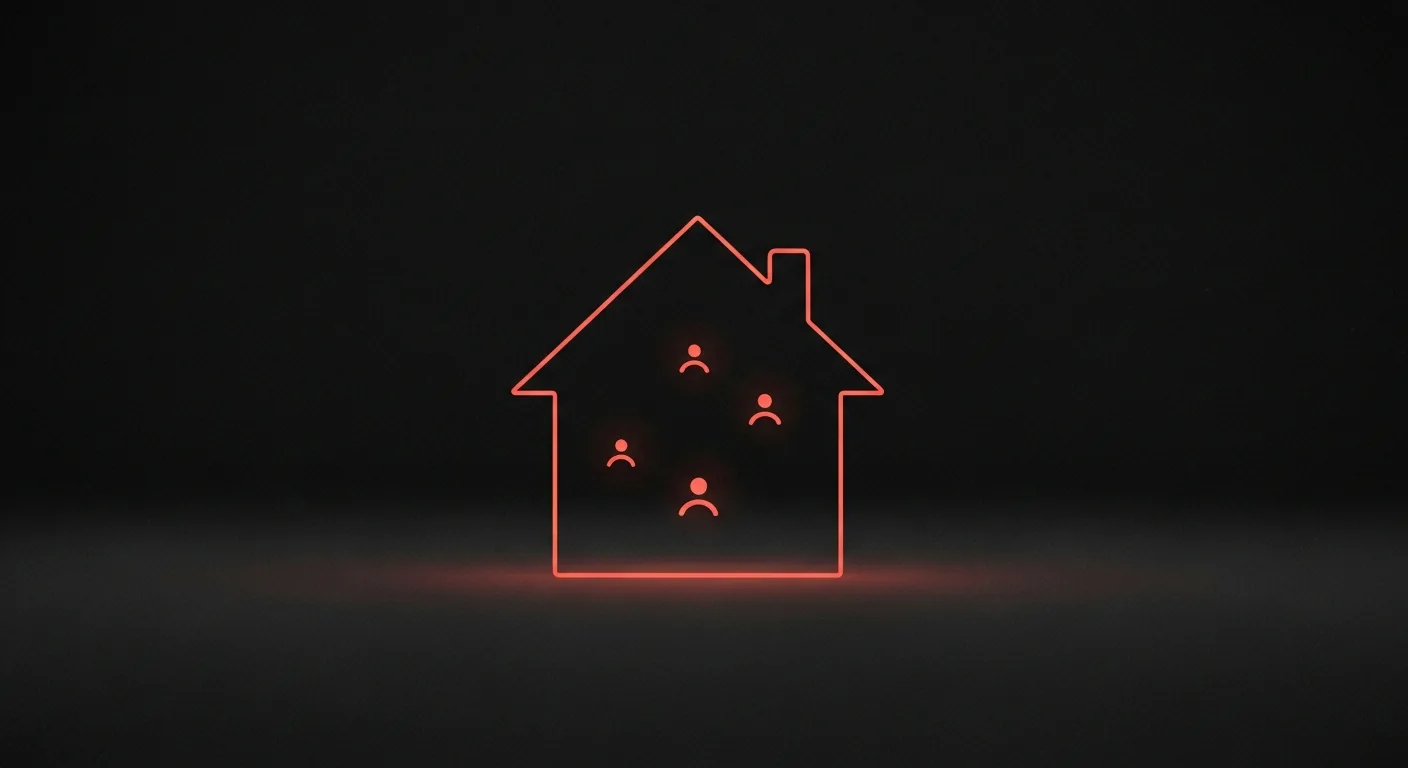 A coral outline of a house holding several small coral dots representing family members, on charcoal.