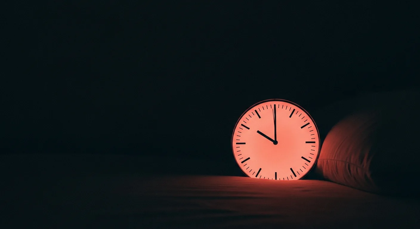 An analog clock glowing coral in the dark beside a pillow late at night.