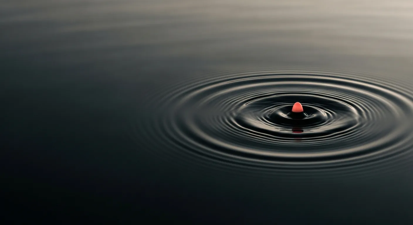 Concentric ripples spreading from a single coral point on dark, still water.