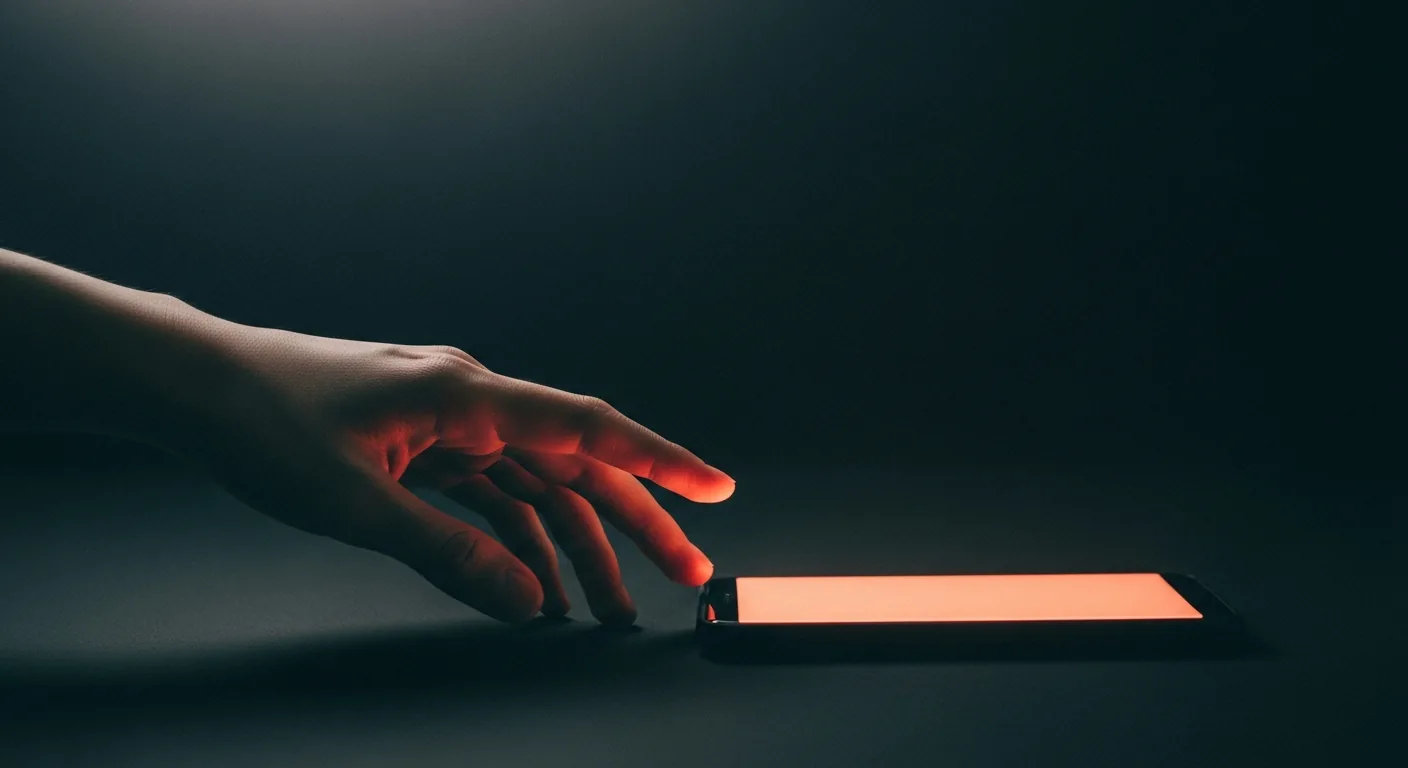 A hand reaching toward a softly coral-glowing phone in the dark.