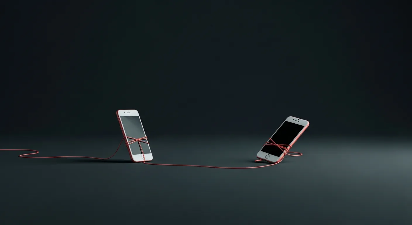 Two phones connected by a thin coral thread on a dark background, suggesting anxious attachment.
